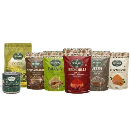 Devarul Indian Spices and Imperial CTC Chai (250g) | Darjeeling Green Tea Leaf (50g) Combo Pack | Garam Masala, Dhania, Red Chilli, Jeera & Turmeric Powder (100g Each) | Pure, Aromatic & 100% Natural