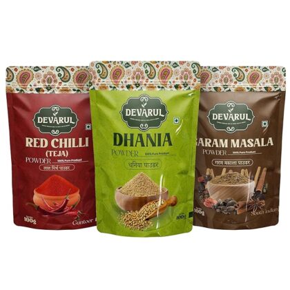 Devarul Indian Spices Combo Pack – Red Chilli Powder, Dhania Powder, Garam Masala, 100g Each (100Gram, Red Chilli-Daniya-Garam Masala)