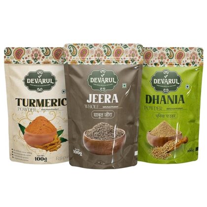 Devarul Indian Spices Combo Pack – Turmeric Powder, Dhania Powder, Jeera, 100g Each (100Gram of Each, Turmeric-Jeera-Daniya)