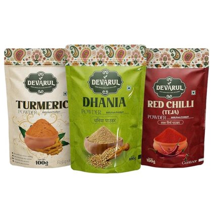 Devarul Indian Spices Combo Pack – Turmeric, Daniya, Red Chilli 100g Each (100Gram of Each, Turmeric-Daniya-Red Chilli)