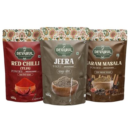 Devarul Indian Spices Combo Pack – Red Chilli, Jeera, Garam Masala, 100g Each (100Gram of Each, Red Chilli-Jeera-Garam Masala)