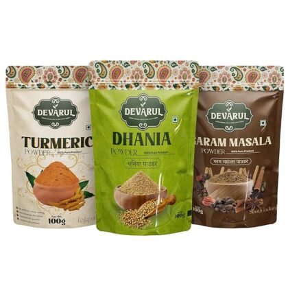 Devarul Indian Spices Combo Pack – Turmeric Powder, Dhania Powder, Garam Masala, 100g Each (100Gram for Each, Turmeric-Daniya-Garam Masala)